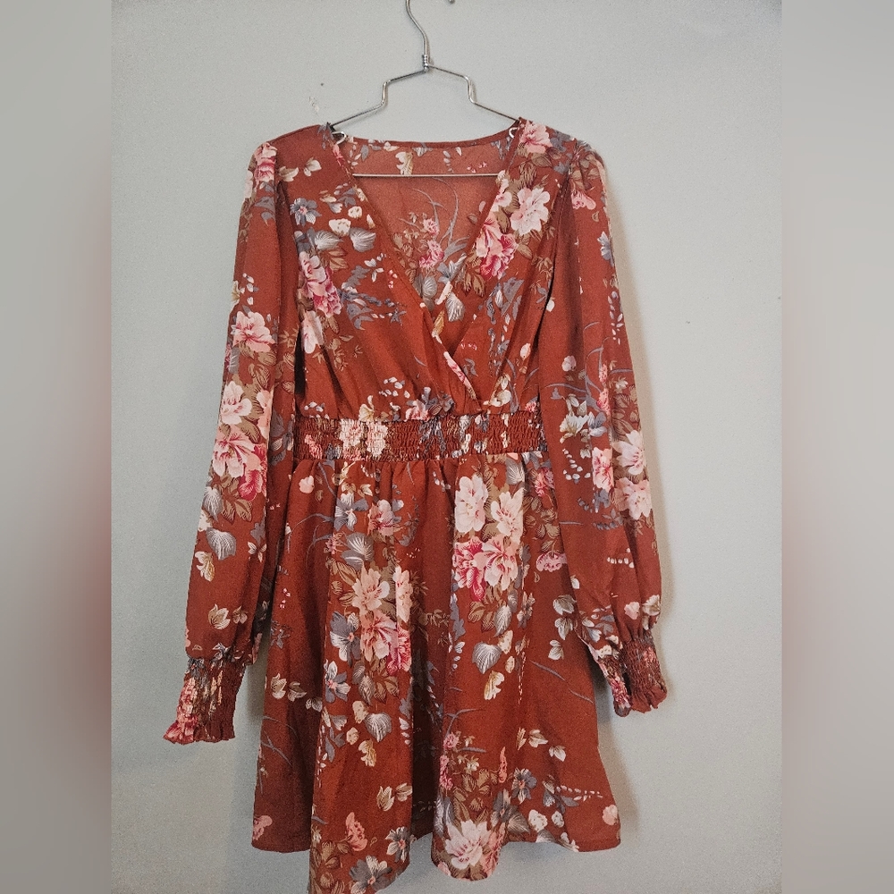 Orange Pink V-Neck Wrap Sundress with Bishop Sleeves